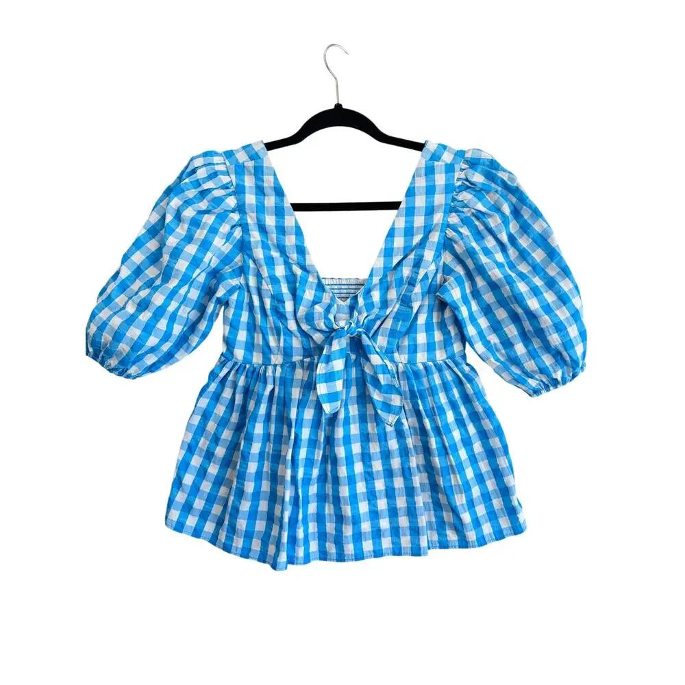 Lilly Pulitzer Sarafina Gingham Tie Front Puff Sleeve Peplum Blouse  00 peasant